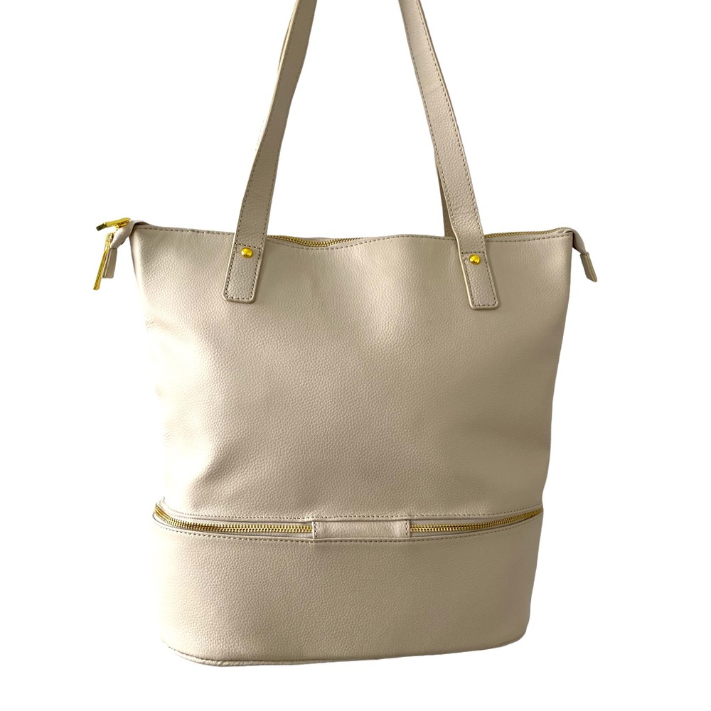Joy Mangano leather dark beige tote bag